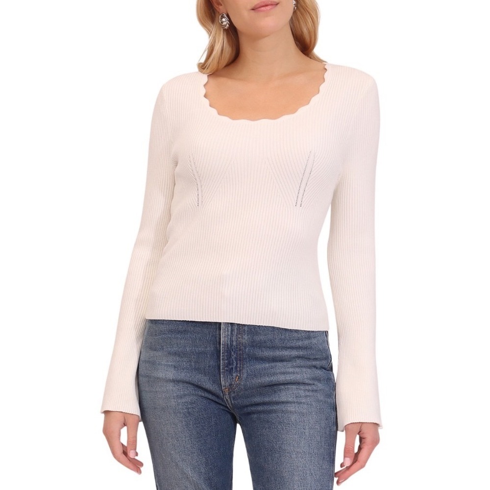 Bagatelle Cream Ribbed Scalloped Scoop Neck Flare Bell Sleeve Sweater Large NEW